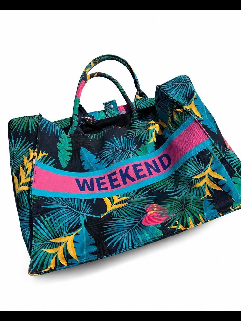 Weekend Tropical Print Tote Bag with Pink Accent
